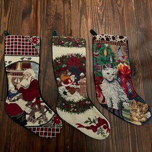 Set of Three Wool Vintage Needlepoint Christmas Stockings